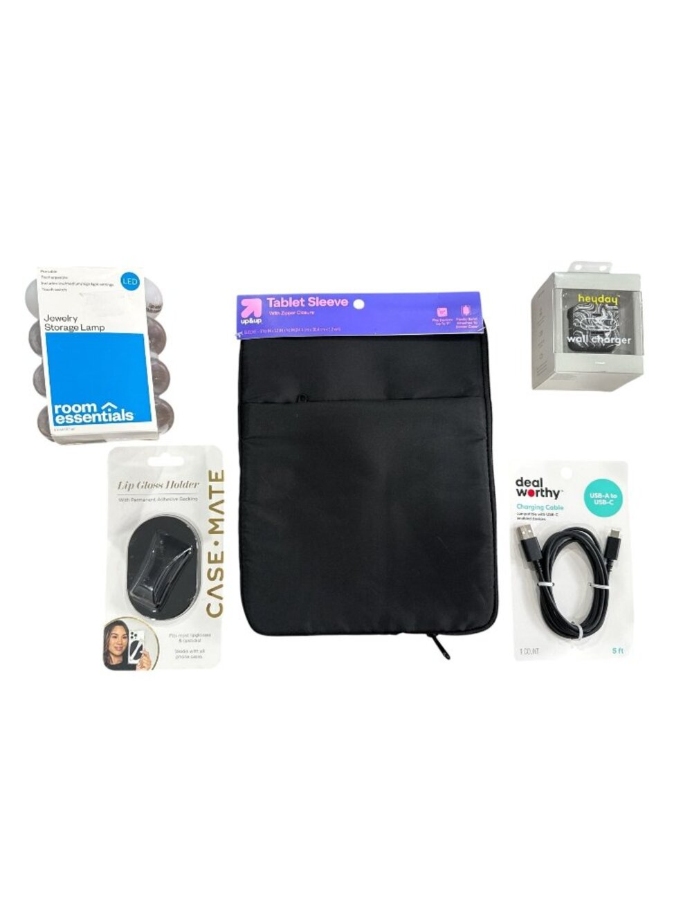 Assorted Electronics & Accessories Bundle: USB-C Cable, Wall Charger, LED Lamp,
